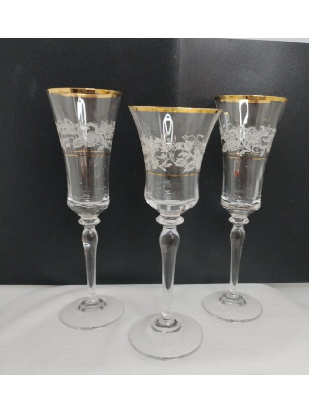 3 Mikasa Antique Lace Middle Floral Elegant Champagne Wine Crystal Gold Rim New